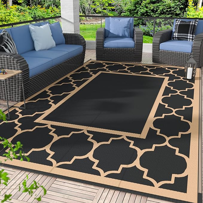 GENIMO 6' x 9' Outdoor Rug Waterproof for Patio Decor, Foldable Reversible Plastic Straw Area Rugs Mat for Camper, Outside Carpet for Rv, Deck, Porch, Picnic, Beach, Balcony, Black & Brown