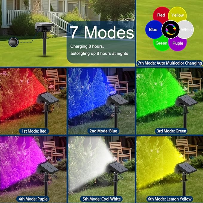 Solar Spot Lights Outdoor, [2 Pack/7 Colors/37 LED] 2-in-1 Solar Landscape Spotlights, IP65 Waterproof Auto On/Off Solar Powered Security Lights for Yard Garden Pathway Walkway