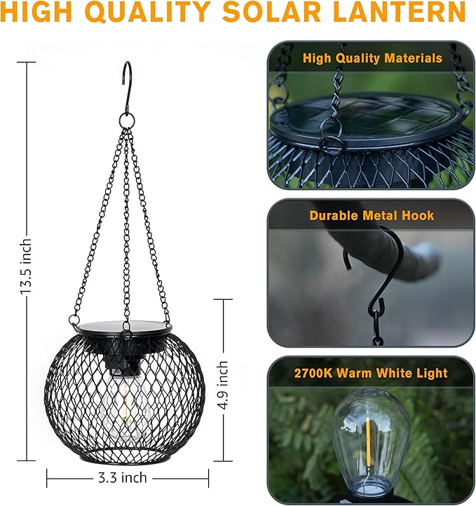 Solar Lanterns Outdoor, 4 Pack Brighter Metal Solar Hanging Lanterns, IP65 Waterproof Solar Lights Outdoor, Gardening Gifts & Decor for Garden Yard Patio Pathway