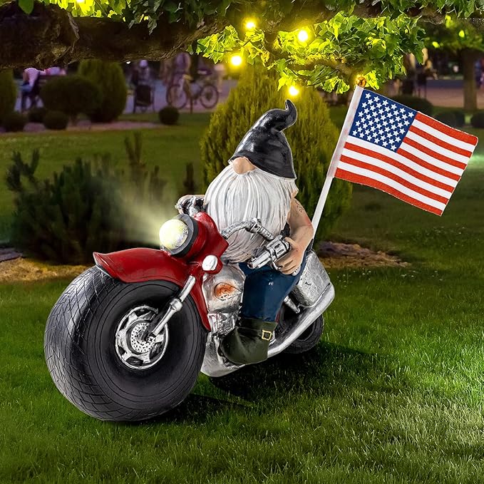 Solar Garden Gnomes Statues,Garden Sculptures & Statues,Motorcycle Gnome Garden Statues Outdoor Clearance with Lights,Resin Garden Decor for Outside Patio Lawn Garden Gift
