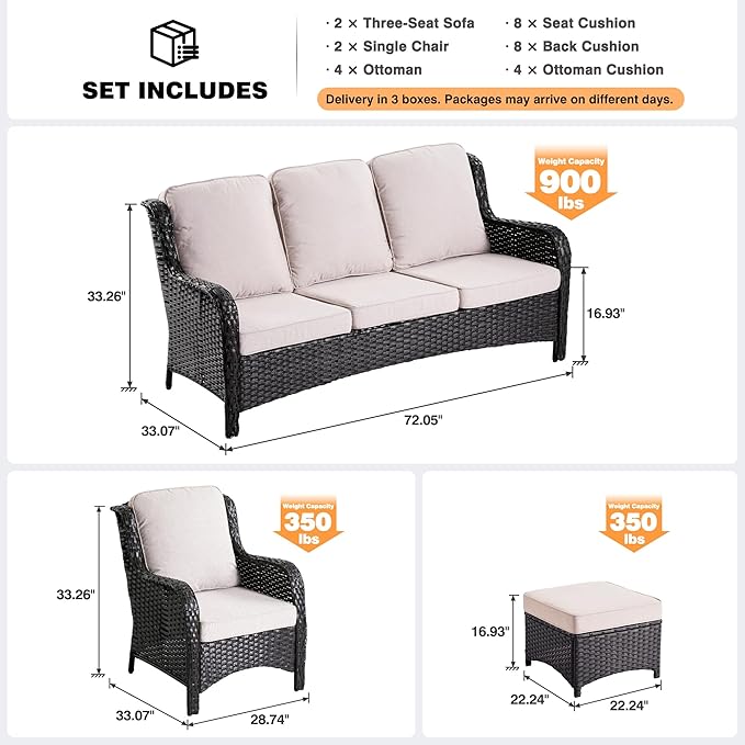 ovios 8 Pieces Patio Furniture Set, Outdoor Wicker Sofas with 2 Chairs, 4 Ottomans and Comfy Cushions, All Weather High Back Couch Set for Deck Porch, Brown Rattan, Beige