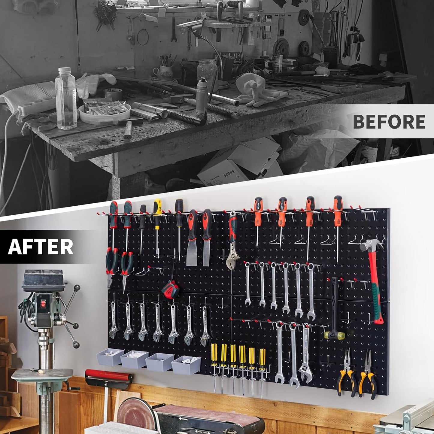 48x24 inch Black Metal Pegboard Kit for Wall Organization with Hooks, Garage Storage Bins, and Utility Tool Board, Efficient Tool Organizer Peg Board