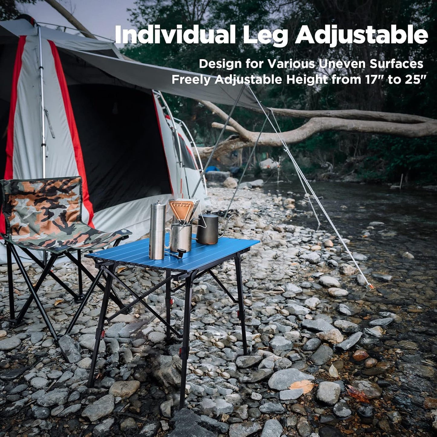 VILLEY Portable Camping Table with Adjustable Legs, Lightweight Aluminum Folding Beach Table with Carrying Bag for Outdoor Cooking, Picnic, Beach, Backyards, BBQ and Party
