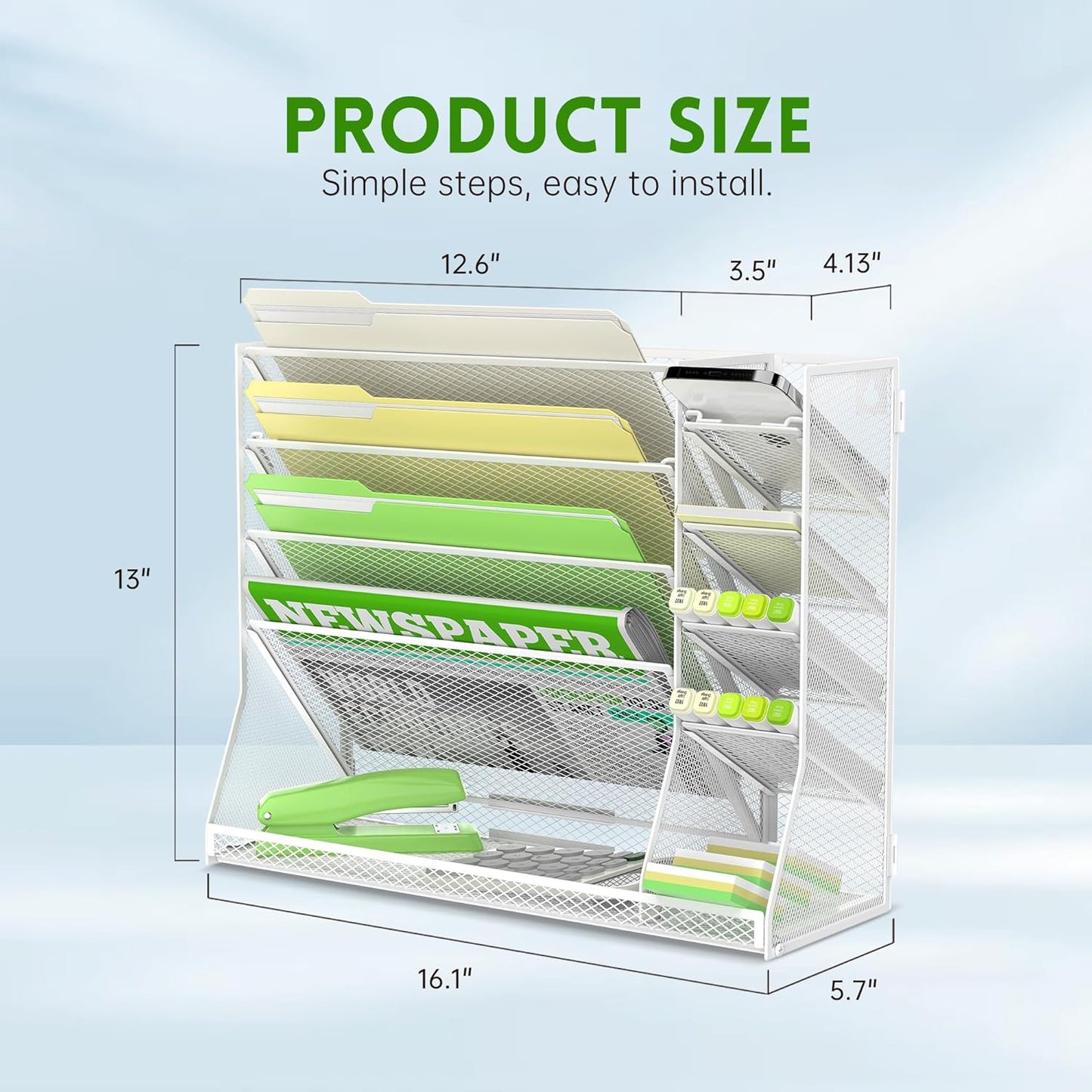 SUPEASY Wall File Organizer, 5-Tier Desk Organizer with 4 Pen Holders, Wall Organizer for Office with R-shaped Bottom Tray, Desk Organizers and Accessories for Office Supplies, White