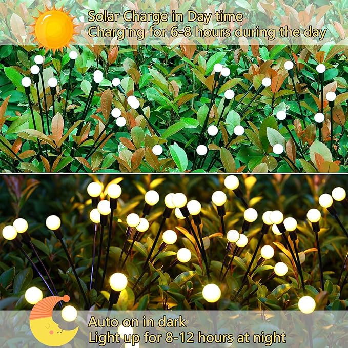 Solar Garden Lights Outdoor, 6 Pack 60 LED Solar Firefly Lights Waterproof, Sway by Wind, Solar Swaying Light for Yard Patio Backyard Garden Planter Flower Bed Pathway Outdoor Decoration (Warm White)