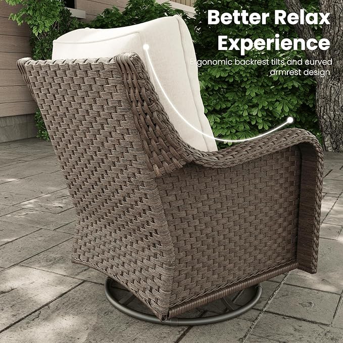 7 Pieces Outdoor Patio Furniture Sets with Rocking Swivel Chairs with 6-inch Thick Cushion and Side Table for Deck Lawn