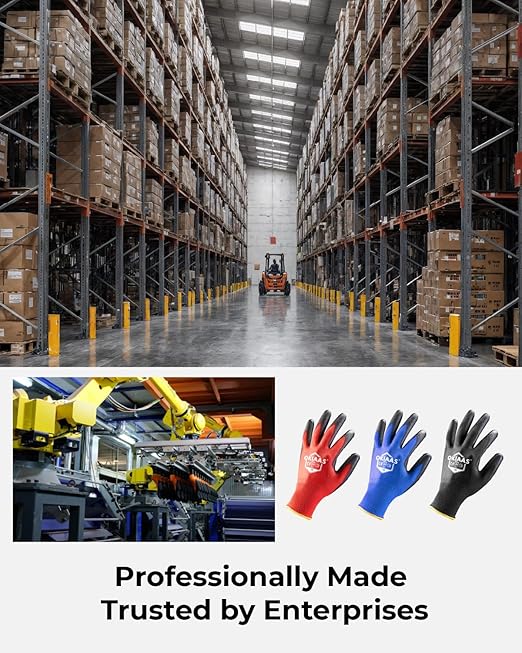 OKIAAS Men's Large Red Ultra-Thin Lightweight Working Gloves with Grip, 12 Pairs Bulk Pack Construction Gloves with Polyurethane Coating, Safety Gloves for Light Duty Work