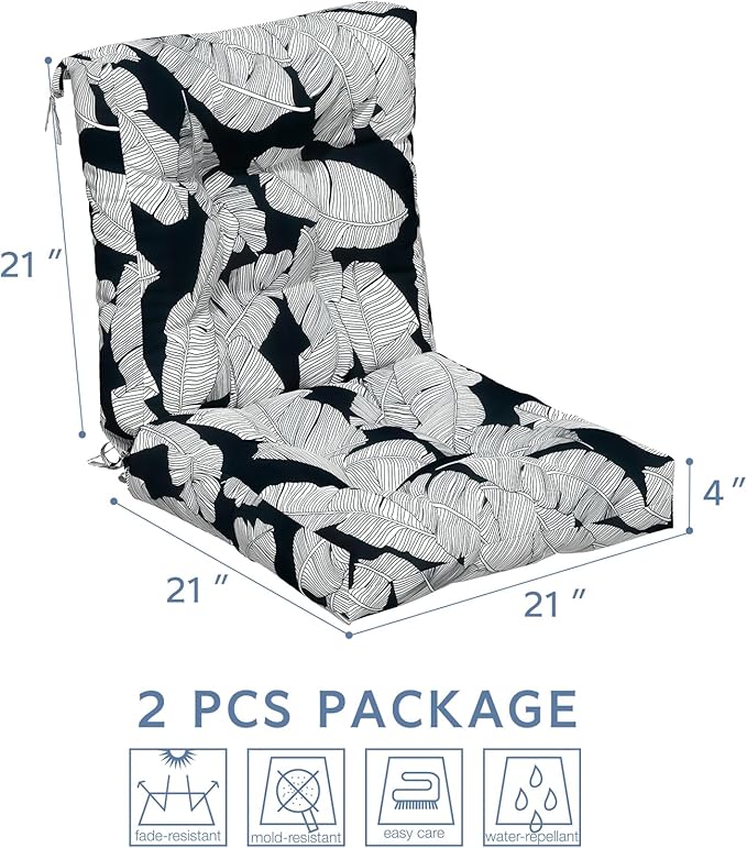 LVTXIII Outdoor Tufted Seat Cushions, Solid Seat and Back Chair Cushion with Ties, Patio Replacement Rocking Chair Cushion for Outdoor Furniture Use, 21 W x 21D, 2 Pack, Black Lush Leaf Jungle
