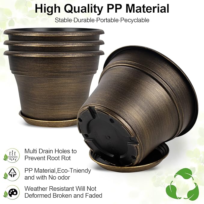 Plant Planters Pots Set of 4 Pack 11 Inch, Plastic Flower Pot for Indoor Plants with Drainage Holes & Trays, Resin Decorative Container Sets with Saucer for House Outdoor Garden Planters Dark Gold