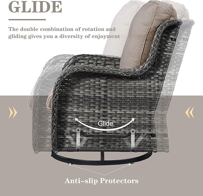 Outdoor Patio Furniture Set with 50000BTU Propane Fire Pit Table, 4 Pieces Wicker Patio Conversation Set with 2 Swivel Rocker Glider Chairs Rattan Sofa Grey Cushion Perfect for Gathering