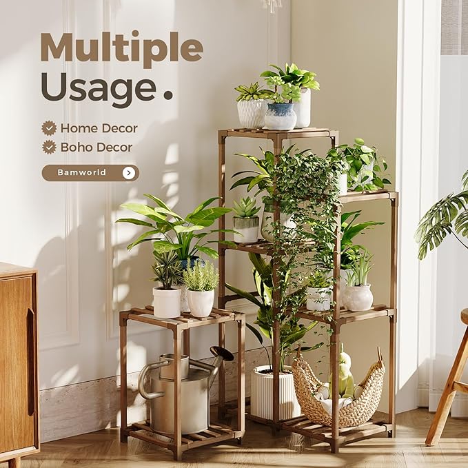 Bamworld Plant Stand Indoor Corner Plant Shelf Wood Plant Holder for Multiple Plants Tall Flower Stands Plants Table Rack Garden Patio Lawn Window 03H