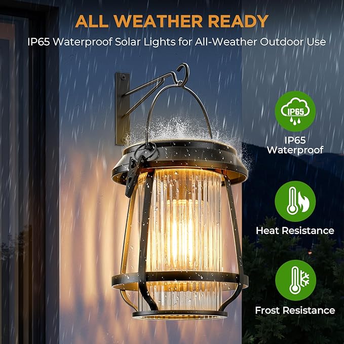 Solar Lanterns Outdoor Waterproof, Metal Hanging Solar Lights Outdoor with Hooks Wall Mount Kit, Solar Powered Lanterns for Garden Porch Patio Fence Decorative 2 Pack (Warm Light)