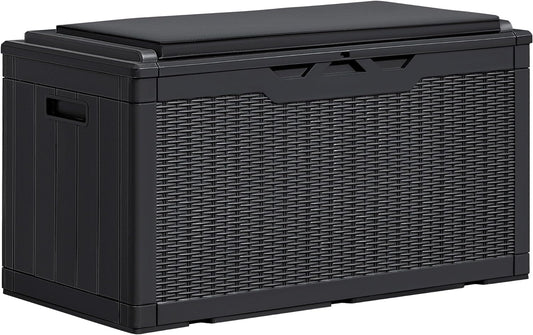 Greesum 100 Gallon Resin Deck Box Large Outdoor Storage Boxes with Cushions for Garden Tools, Patio Furniture Pillows, Pool Supplies, Black