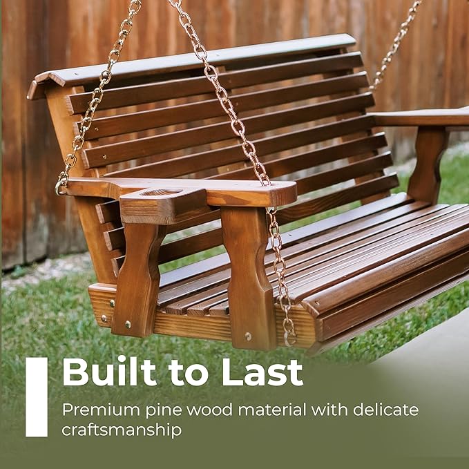 Amish Casual 6 Foot Roll Back Porch Swing with Cup Holders in Dark Walnut Stain - Amish Made in The USA from Treated Pine Heavy Duty 700 Lb. Weight Capacity