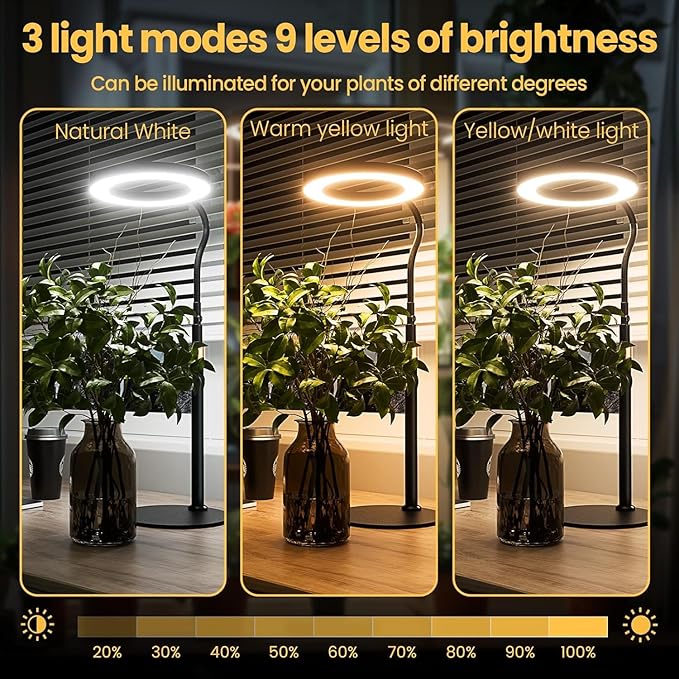 bseah Grow Light, Plant Light for Indoor Plants 2 Pack, Full Spectrum Desk Grow Lamp with Pedestal, Automatic Timer for 3H/9H/12H, 10 Dimmable Levels, Height Adjustable