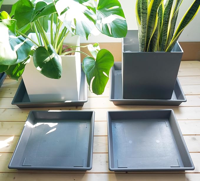 Square Plant Saucer 20 Inch 2 Pack, Large Plant Trays for Pots Heavy Duty Gray Plastic Plant Saucers for Indoors Outdoors, Flower Pot No Holes Plant Lover Gardening Gifts