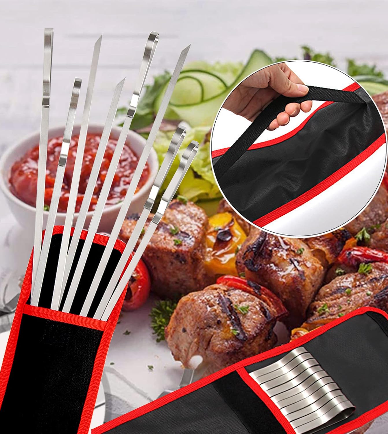 17 Inch Long Stainless Steel Skewers for Kabobs,HONSHEN Flat Shish Kabob Barbecue Skewers with Storage Bag - Metal BBQ Skewers for Grilling Meat, Chicken, Shrimp, Vegetables - 10 Pack