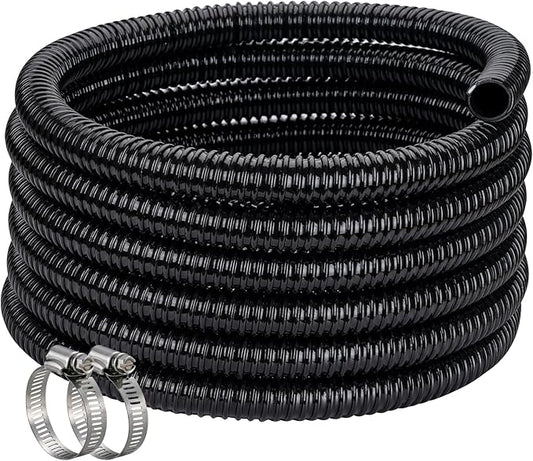 Pond Hose ID 1-1/2” × 50ft Black Corrugated Flexible Reinforced PVC Hose Vinyl Tubing for Pond Pump Fountain Garden Waterfall, Non-toxic & Kinkproof, with 2 clamps
