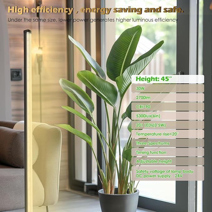 GLOWRIUM Standing Grow Light with Auto-Timer, 30W Vertical Grow Lights for Indoor Plants,3 Light Modes,201 LEDs,Detachable Full Spectrum Plant Lights for Wide Area Coverage in Indoor Plants (45 in)