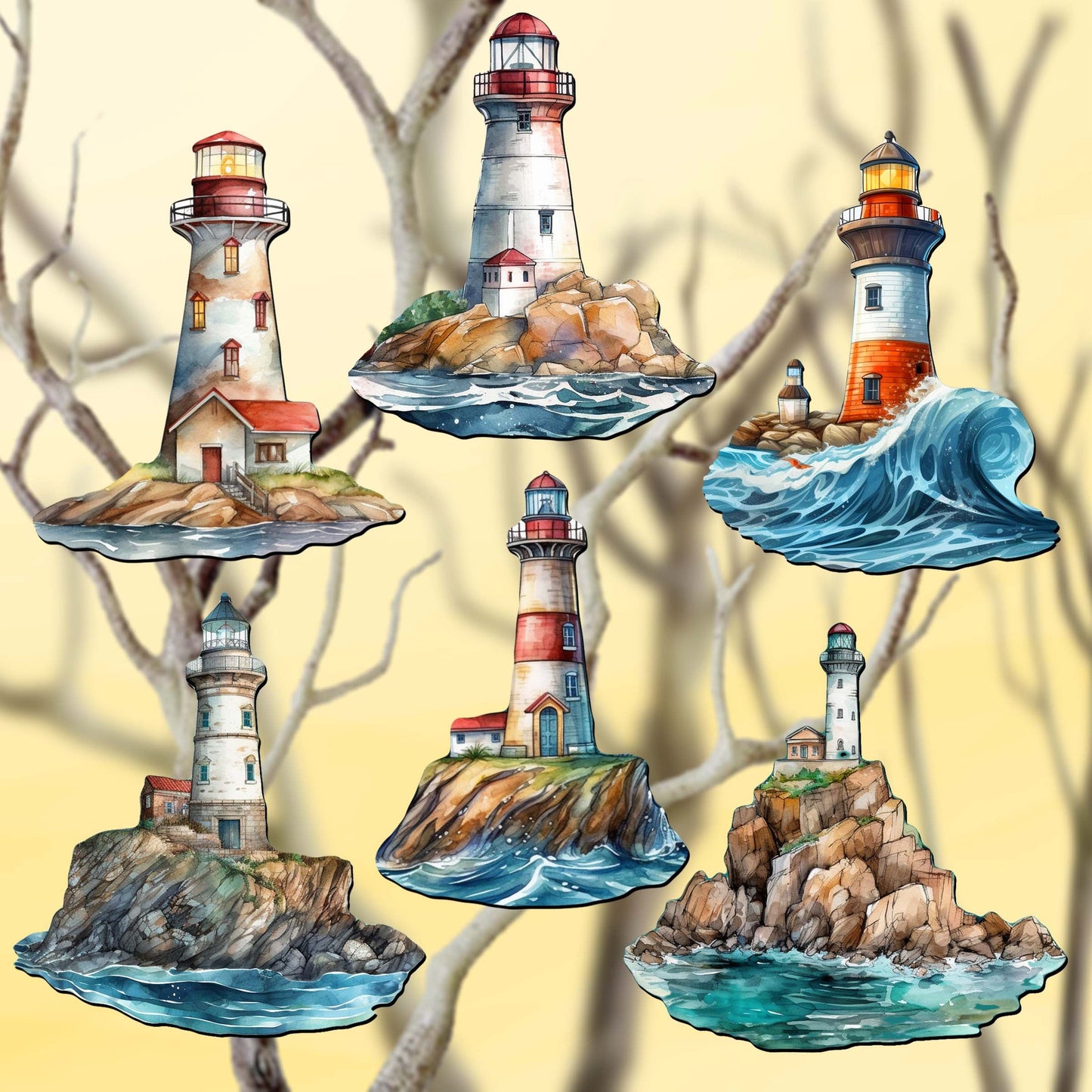 Lighthouse Clip-On Eco Wood Decorative Ornaments Set of 6 by G. Debrekht - Coastal Decor - 8090022C-S6