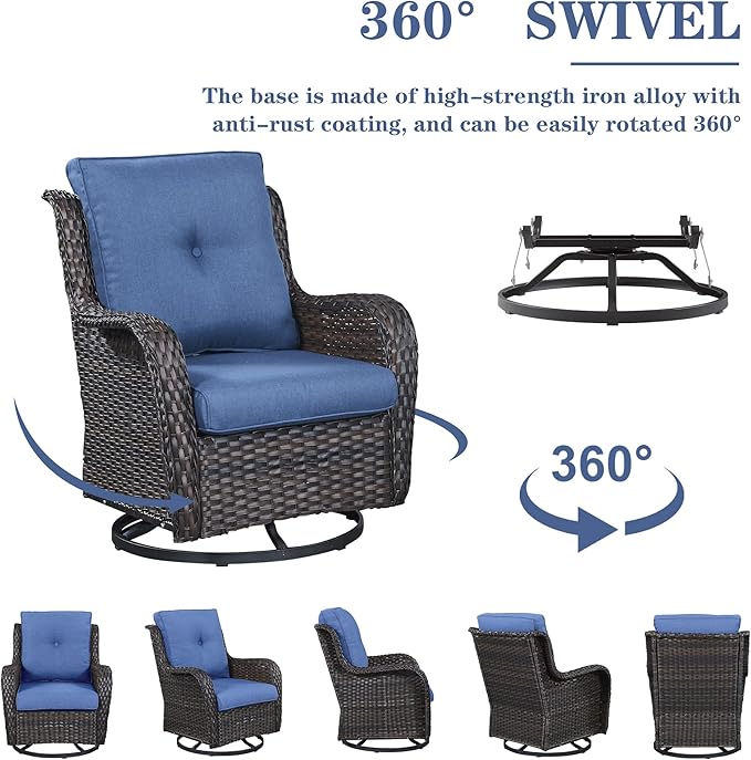 Outdoor Furniture Sectional Sofa L Shaped Couch - Patio Wicker Set with 2 Swivel Glider Chairs, 5 Piece Rattan Patio Conversation Sets with Blue Cushion for Deck Backyard Sunroom