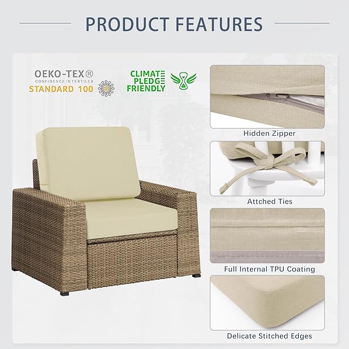 Favoyard Outdoor Deep Seat Cushion Set, 19 x 19 Inch Rainproof & 3-Year Fade Resistant Patio Furniture Cushions, Removable Seat Bottom & Back Cushion Covers with Ties for Chair, Sofa, Couch, Beige