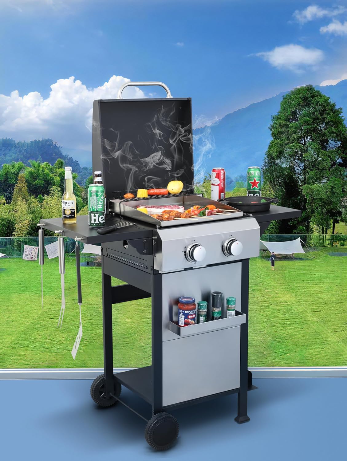2-Burner Propane Gas BBQ Grill with SS Plancha, 24,600 BTU Output, Wire Enamel Cooking Grids, Foldable Side Table and Hanging Basket, Compact Stainless Steel Grill