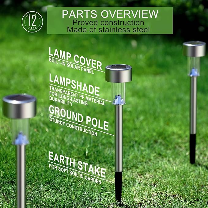 Solar Lights Outdoor Waterproof, Stainless Steel LED Landscape Lighting Outdoor Solar Lights for Outside Solar Garden Lights for Pathway, Walkway, Patio, Yard, Lawn - 12 Pack (Warm White)