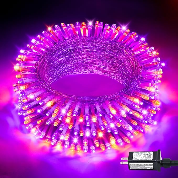 JMEXSUSS 33 FT 100 LED Halloween String Lights Indoor, Orange and Purple Halloween Lights Clear Wire, 8 Modes Outdoor Waterproof Christmas String Light Plug in