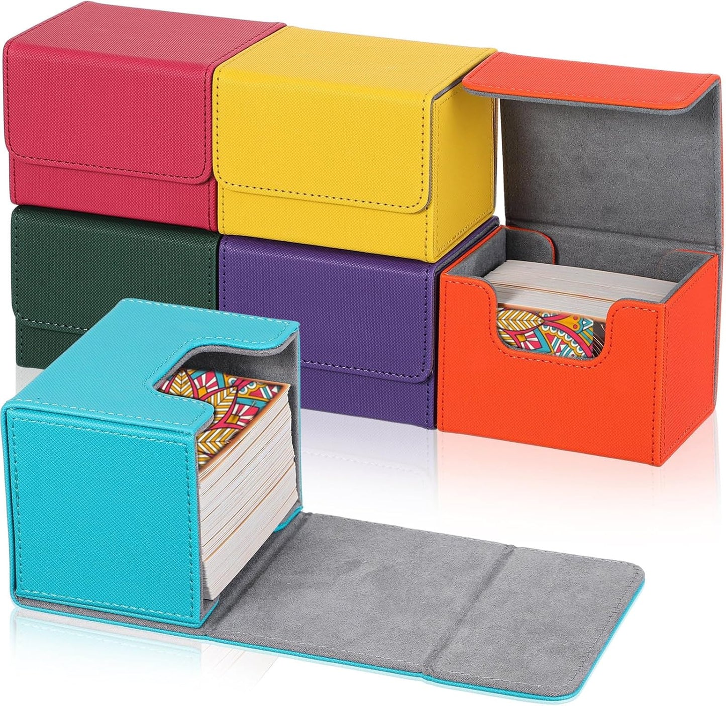 Yookeer 6 Pack Leather Deck Cases 100+ Card Deck Game Box Magnetic Playing Card Storage Box for 100 Plus Cards Compatible with Tcg(Pink,Orange,Blue,Yellow,Green,Purple,Horizontal)