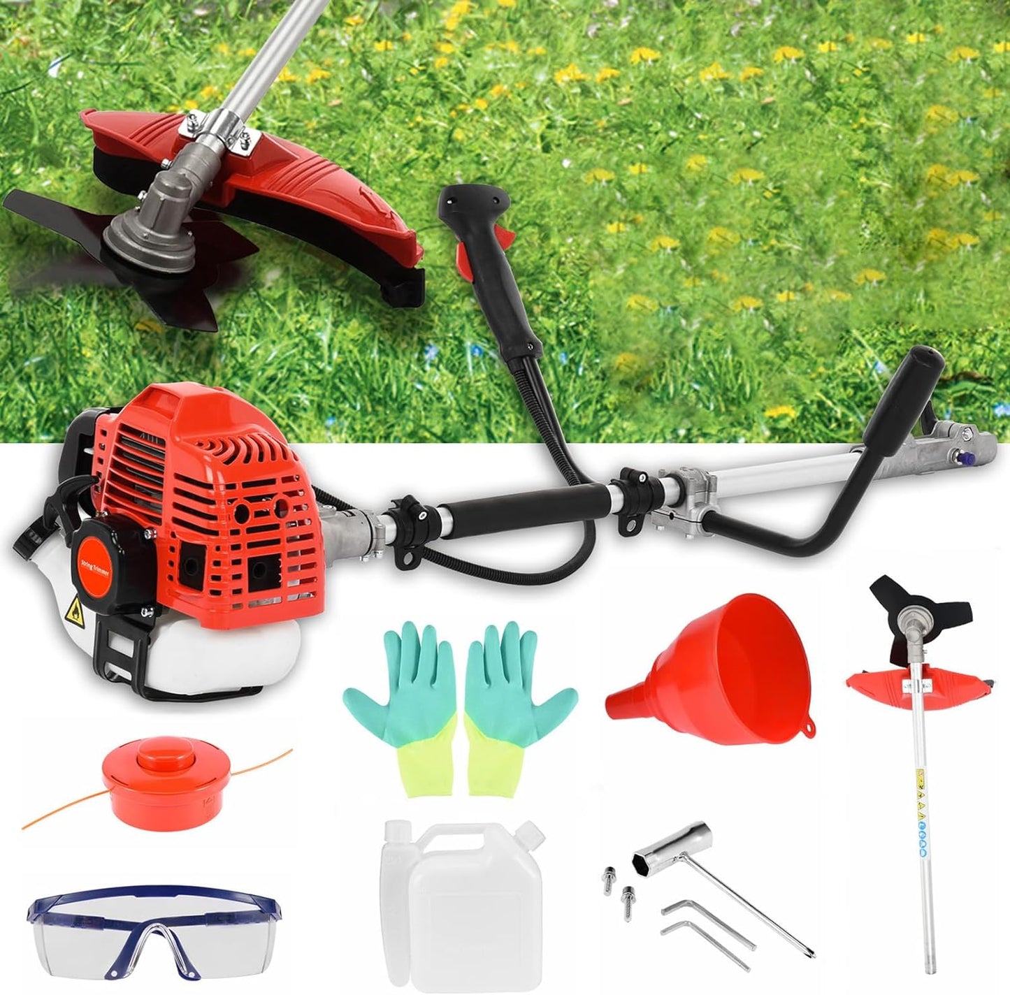 52cc 2-Stroke Weed Eater Gas Powered, 2 in 1 Gas Brush Cutter, String Trimmer and Gas Weed Wacker Hedge Edger Trimmer for Weeds and Grass, Strong Powerful Full Guard Accessories Red