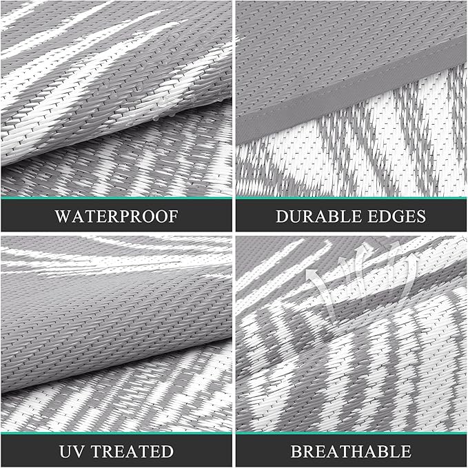 Pauwer Outdoor Rug, 6'x9', Leaf Grey, Reversible, Waterproof, Polypropylene, Lightweight, RV Mat, Patio Decor