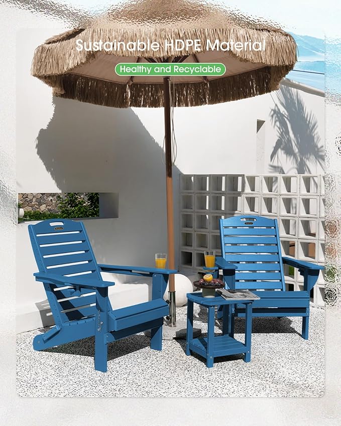 Adirondack Chairs Set of 4, Outdoor Fire Pit Chairs, HDPE All-Weather Adirondack Chairs with Cup Holder, Lawn Chair for Deck, Patio, Garden (NavyBlue)