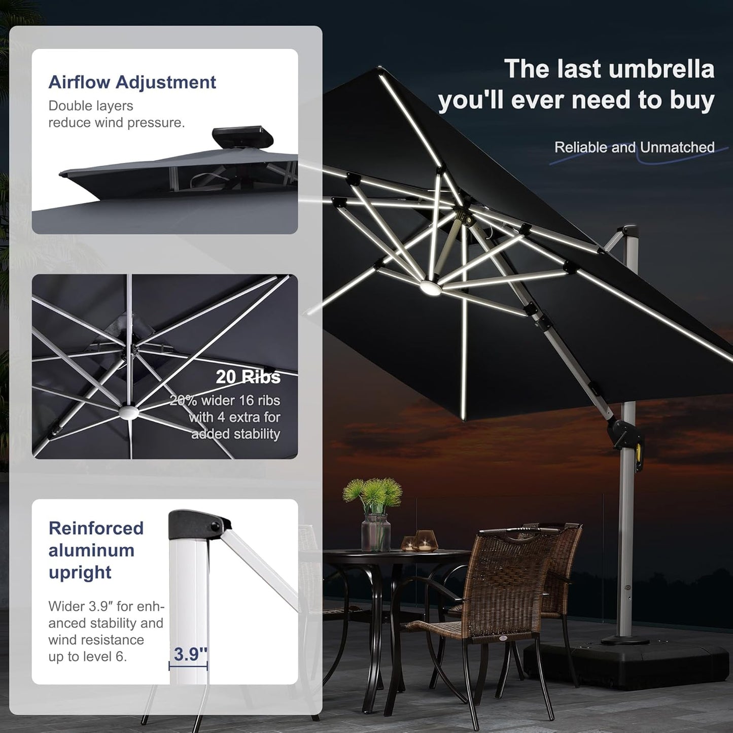 PURPLE LEAF 10' X 13' Double Top Deluxe Solar Powered LED Rectangle Patio Umbrella Offset Hanging Umbrella Outdoor Cantilever Umbrella, Grey