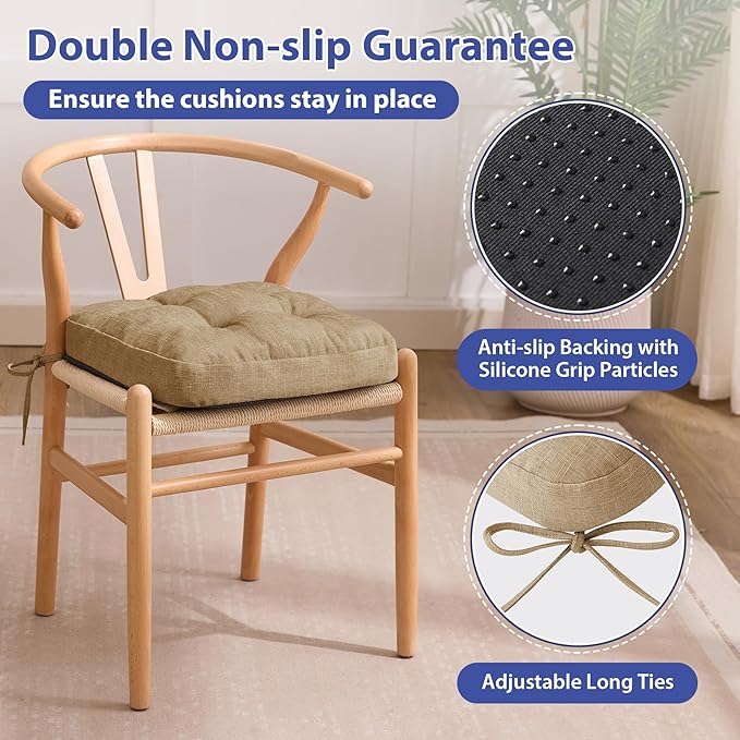 Chair Cushions for Dining Chairs, Dining Chair Cushions, Tufted Indoor Chair Pads with Ties & Non Slip Backing, Seat Cushions for Kitchen Chairs 16.5” x 16.5” x 3.5”, Set of 4, Khaki