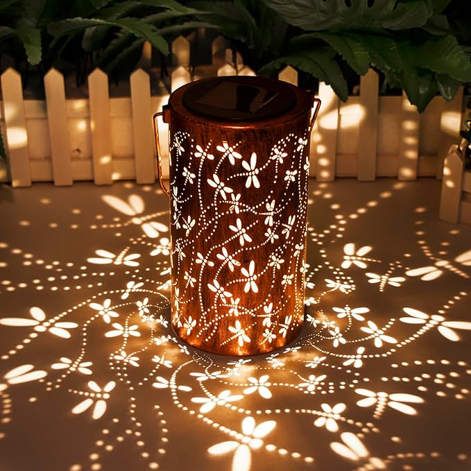 Mothers Day Gifts,Solar Lanterns Outdoor Hanging Lantern Lights, Dragonfly Hollowed-Out Metal Decor Lantern, Waterproof LED Decorative Garden Light - Delicate Garden Decoration for Patio, Yard