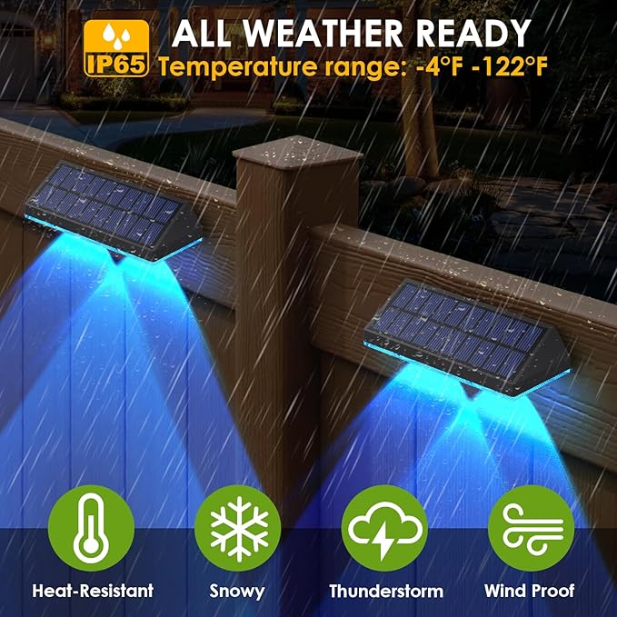 Solar Fence Lights Outdoor - Warm White & RGB 6 Color, Dusk to Dawn Deck Light, IP65 Waterproof Garden Lights for Outside/Backyard/Railing/Step/Patio/Wall (8 pack)