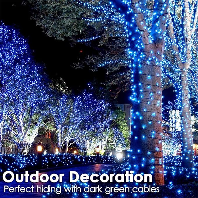 Christmas Tree Light 200 LEDs 73ft Green Cable Wire Fairy String Twinkle Lights Plug in 12 Modes for Xmas Party, Halloween, Outdoor, Garden, Wedding, Home Decoration (Blue)