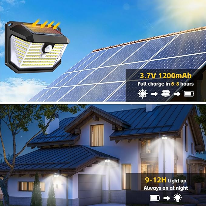 Solar Lights Outdoor Motion Sensor, 178 LED 300LM Waterproof IP65, Wall Mounted Security Light with 3 Modes, 270° Wide AngleWide Angle, Solar Powered for Garden, Yard, Patio, Front Door(4Pack)