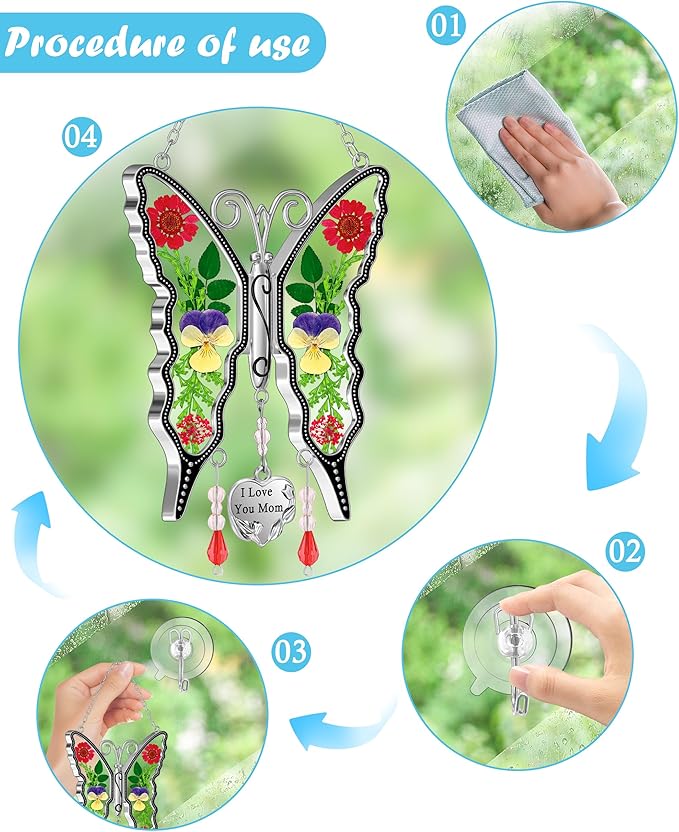 KY&BOSAM I Love You Mom Butterfly Suncatcher for Window Gift for Mom Pressed Flower Between Wings in Glass Metal Engraved Charm Gift for Women Mother's Day Valentine's Birthday Thanksgiving Christmas