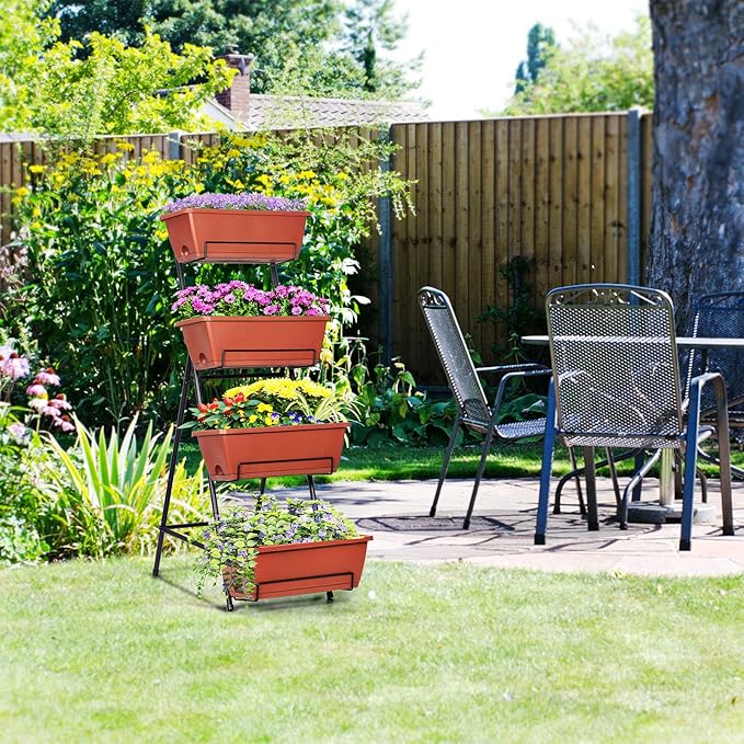 Tuenort Vertical Raised Garden Bed 4 Tiers Planter Box Freestanding Garden Planter with 4 Container Boxes for Growing Vegetables Herbs Flowers on Patio Balcony Red