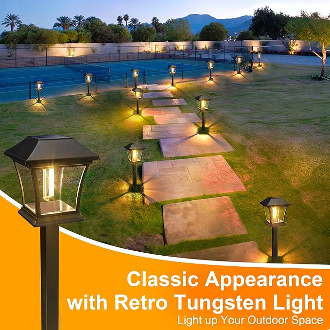 ODEETRONIC Solar Pathway Lights - 6 Pack Solar Garden Lights with Tungsten Filament Bulb, Solar Landscape Lights Outdoor Walkway Lights Waterproof for Lawn Yard Patio Fence Driveway Decor, Warm White