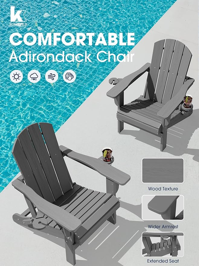 KINGYES Folding Adirondack Chair Set of 4, Dual Cup Holders & All-Weather HDPE, Wood-Like Patio Chair for Backyard, Camping, Pool & Fire Pit, Grey