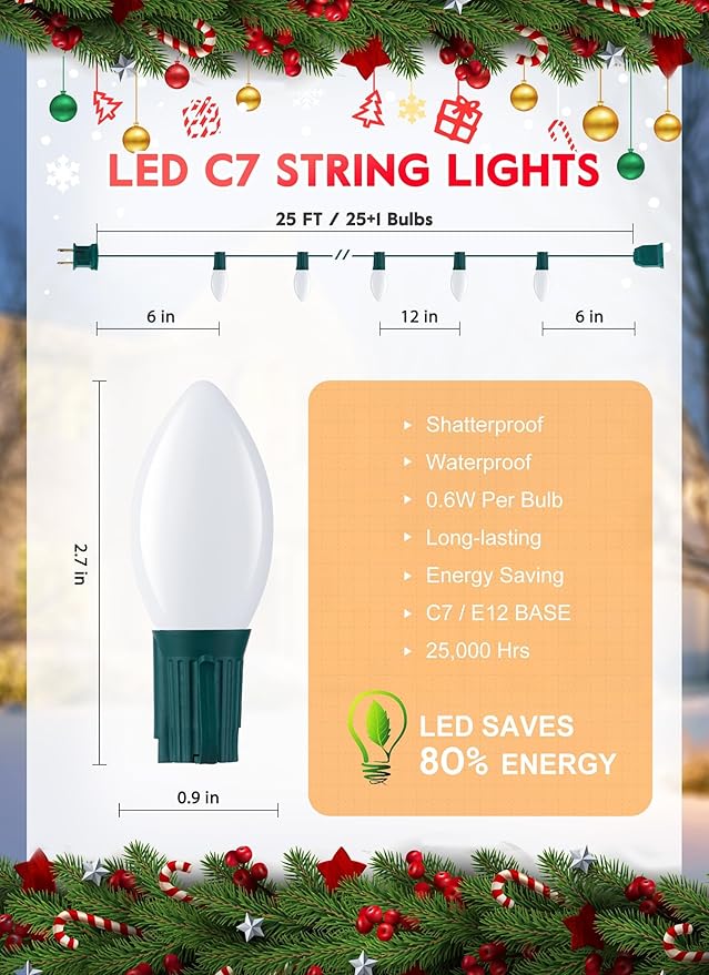 Brightown C7 Pure White LED Christmas Lights, 25Ft Vintage String Lights with 25+1 Plastic Bulbs, E12 Candelabra Base, Outdoor Retro Style Hanging Lights for Xmas Patio Fence Roofline Holiday