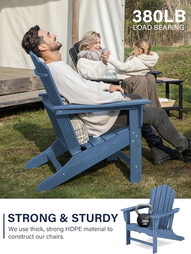 KINGYES HDPE Adirondack Chair, Classic All-Weather Adirondack Chairs Set of 4, Outdoor Patio Adirondack Chair for Deck Lawn fire Pit, Navy