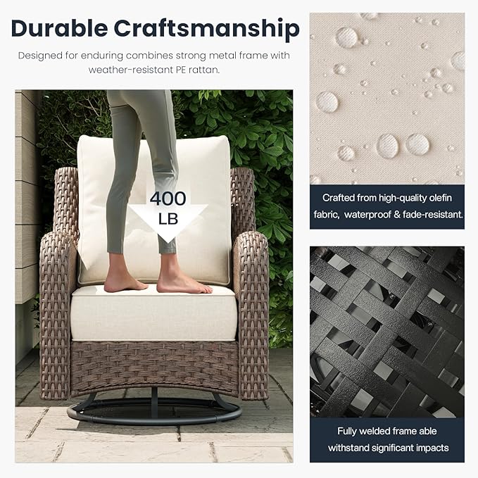 7 Pieces Outdoor Patio Furniture Sets with Rocking Swivel Chairs with 6-inch Thick Cushion and Side Table for Deck Lawn
