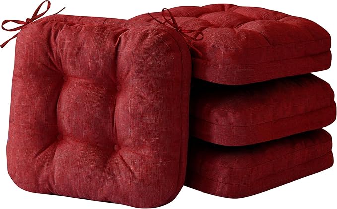 Chair Cushions for Dining Chairs, Dining Chair Cushions, Tufted Indoor Chair Pads with Ties & Non Slip Backing, Seat Cushions for Kitchen Chairs 16.5” x 16.5” x 3.5”, Set of 4, Red