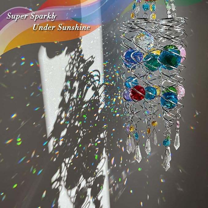 FONMY Dog Gazing Ball Spiral Tail Wind Spinner Sun Catcher Rainbow Maker Silver Double-Spiral W/Blue K9 Crystal Ball Tree Hanging Ornament Indoor Outdoor Garden Decor. -19.5inch H