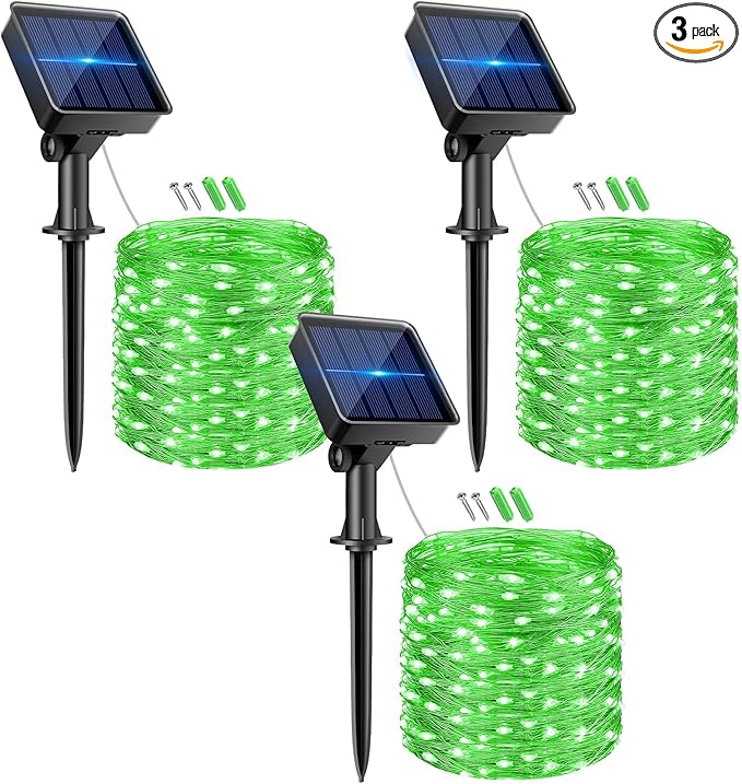 kolpop Green Solar Fairy Lights Outdoor, 3 Packs Total 96FT 240 LED Solar Powered String Light Outside Waterproof, 8 Modes Copper Wire Mini Twinkle Tree Lighting for Halloween Garden Patio Yard