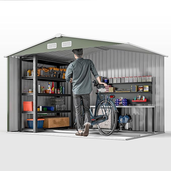 Outsunny 9' x 6' Outdoor Storage Shed, Garden Tool Metal Shed with Foundation Kit, Double Lockable Door, Air Vents and Sloping Roof, for Backyard, Patio, Lawn, Green